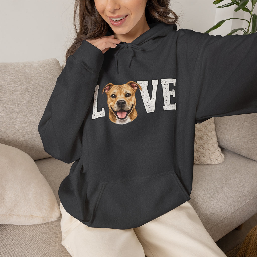 Pit Bull Love Hoodie — "LOVE" with Happy Pit Bull Dog Face | Pet Lover Pullover