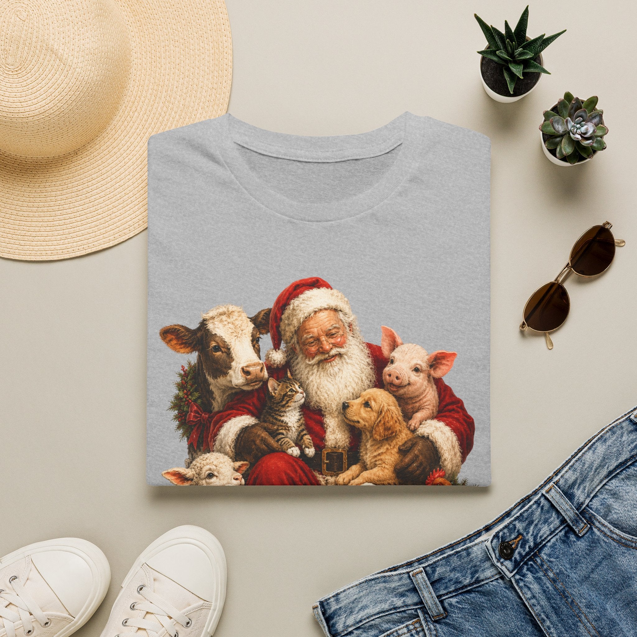 Santa with Farm Animals Christmas T-Shirt