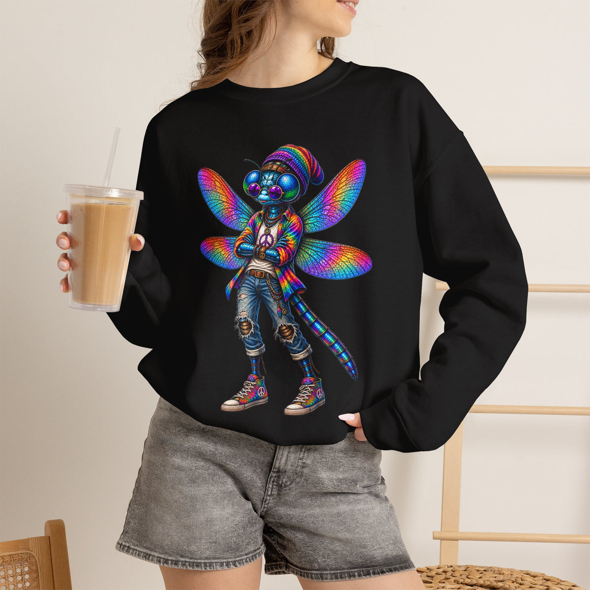 Neon Dragonfly Crewneck Sweatshirt — Rainbow Cyberpunk Kitty Graphic