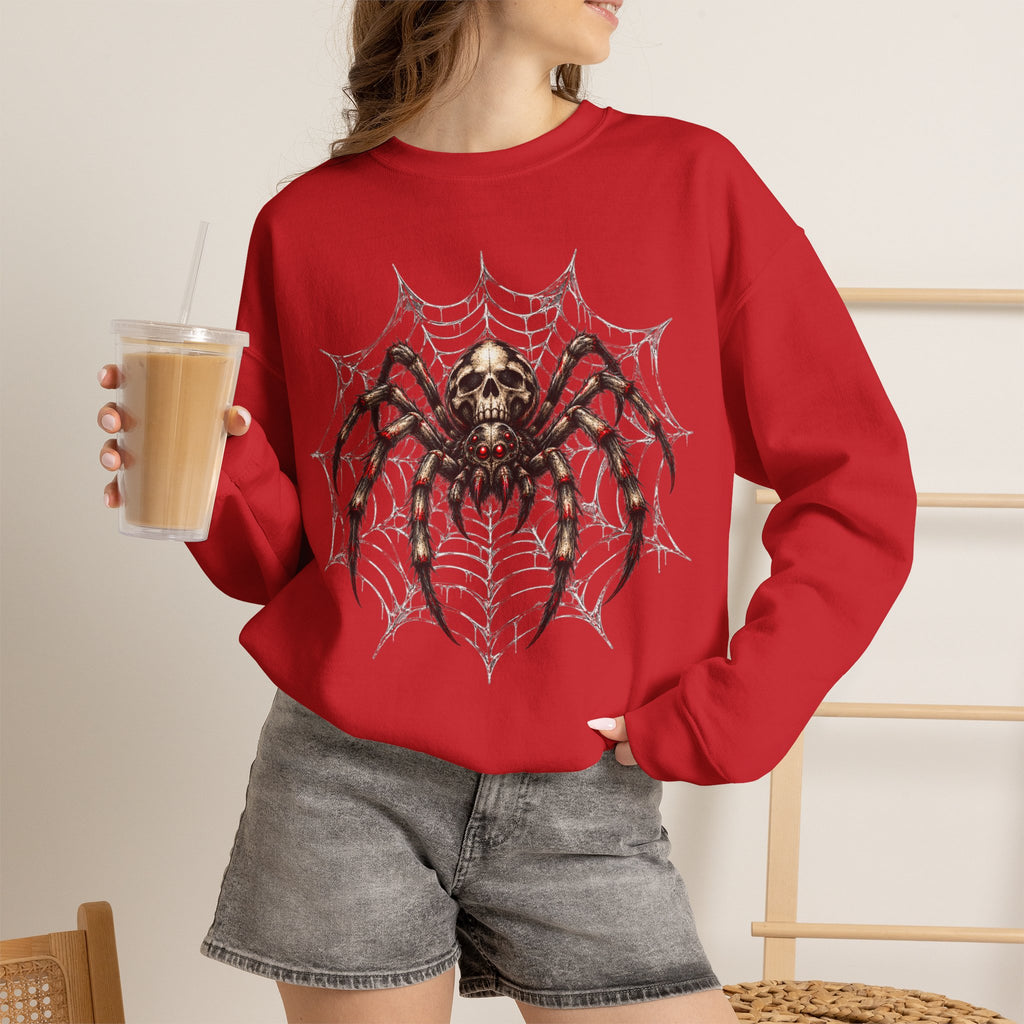 Skull Spiderweb Crewneck Sweatshirt — Gothic Halloween Graphic Sweater