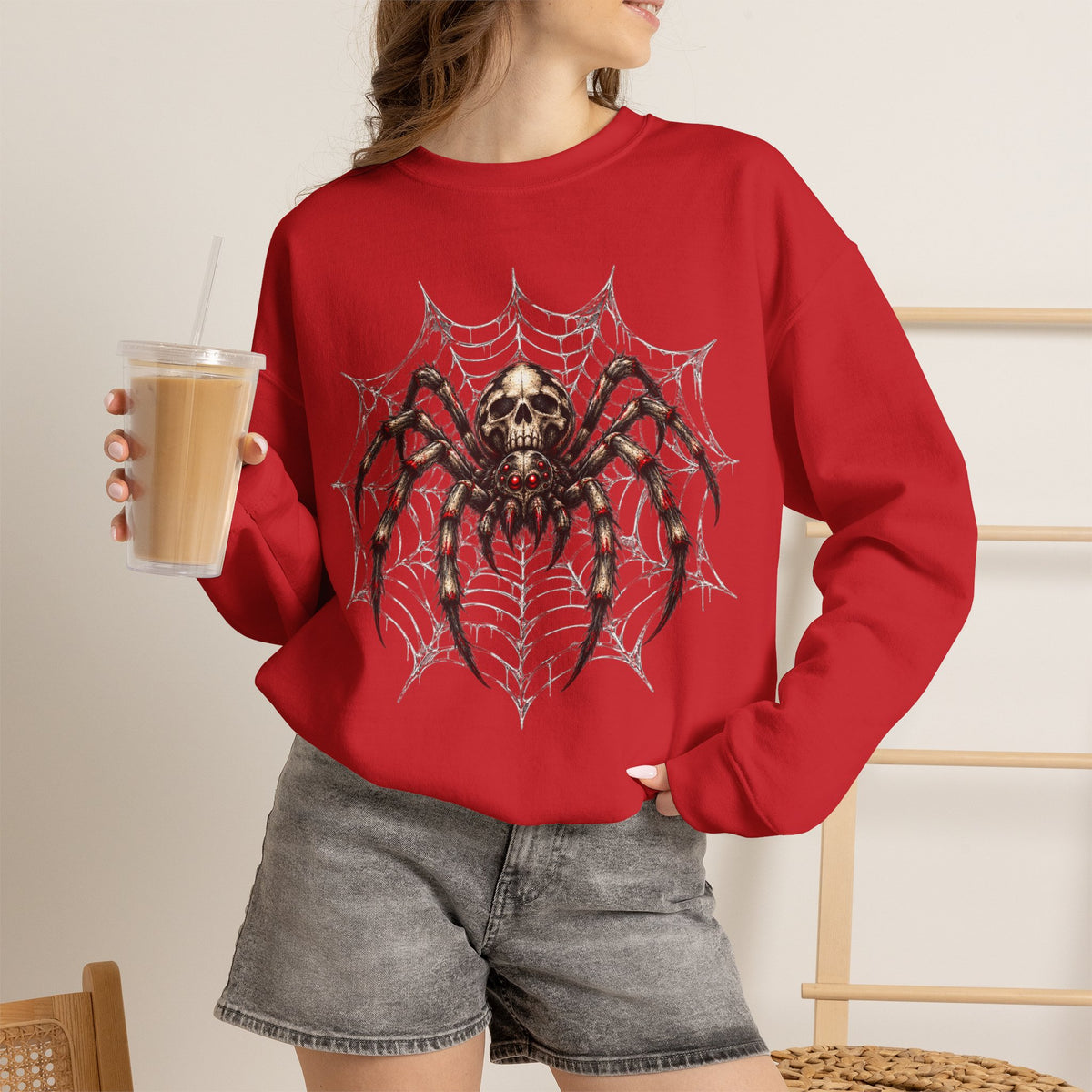 Skull Spiderweb Crewneck Sweatshirt — Gothic Halloween Graphic Sweater
