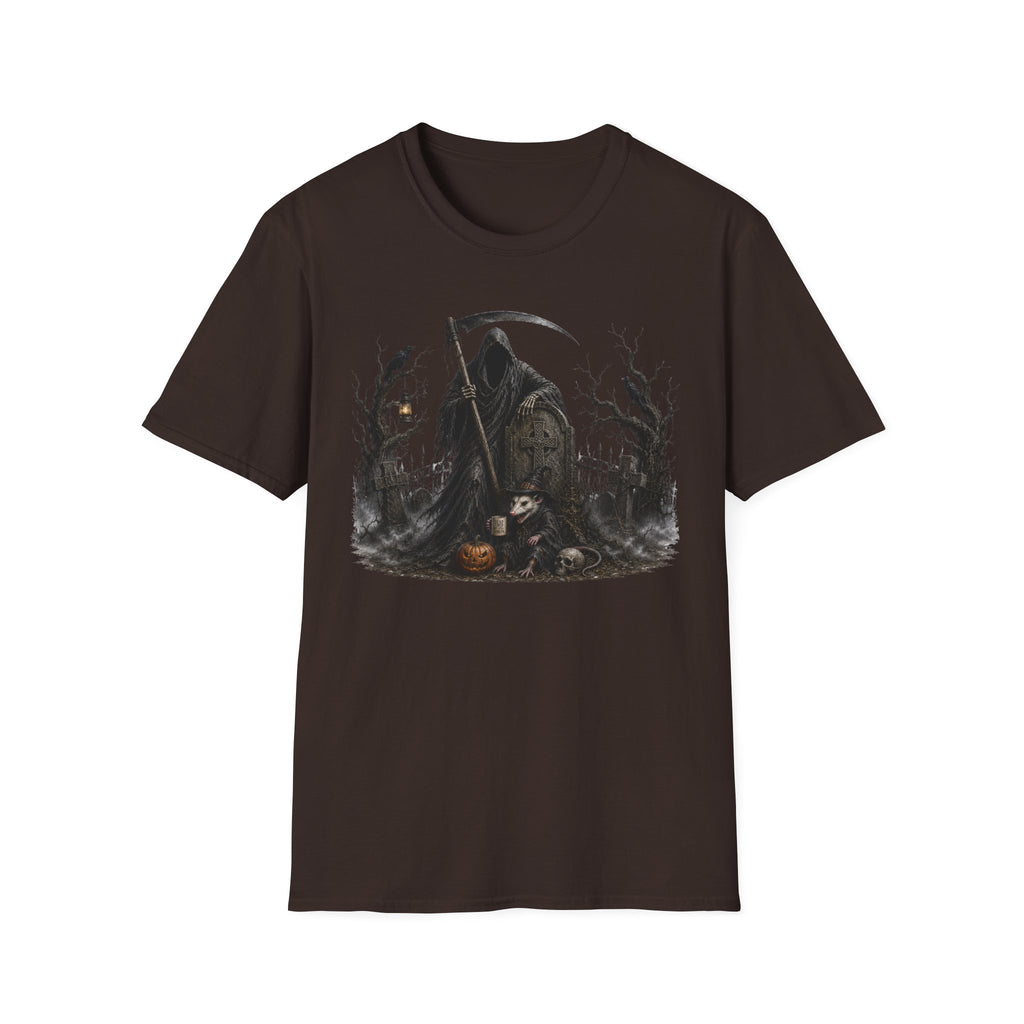 Grim Reaper Cemetery T-Shirt — Gothic Halloween Scythe Design