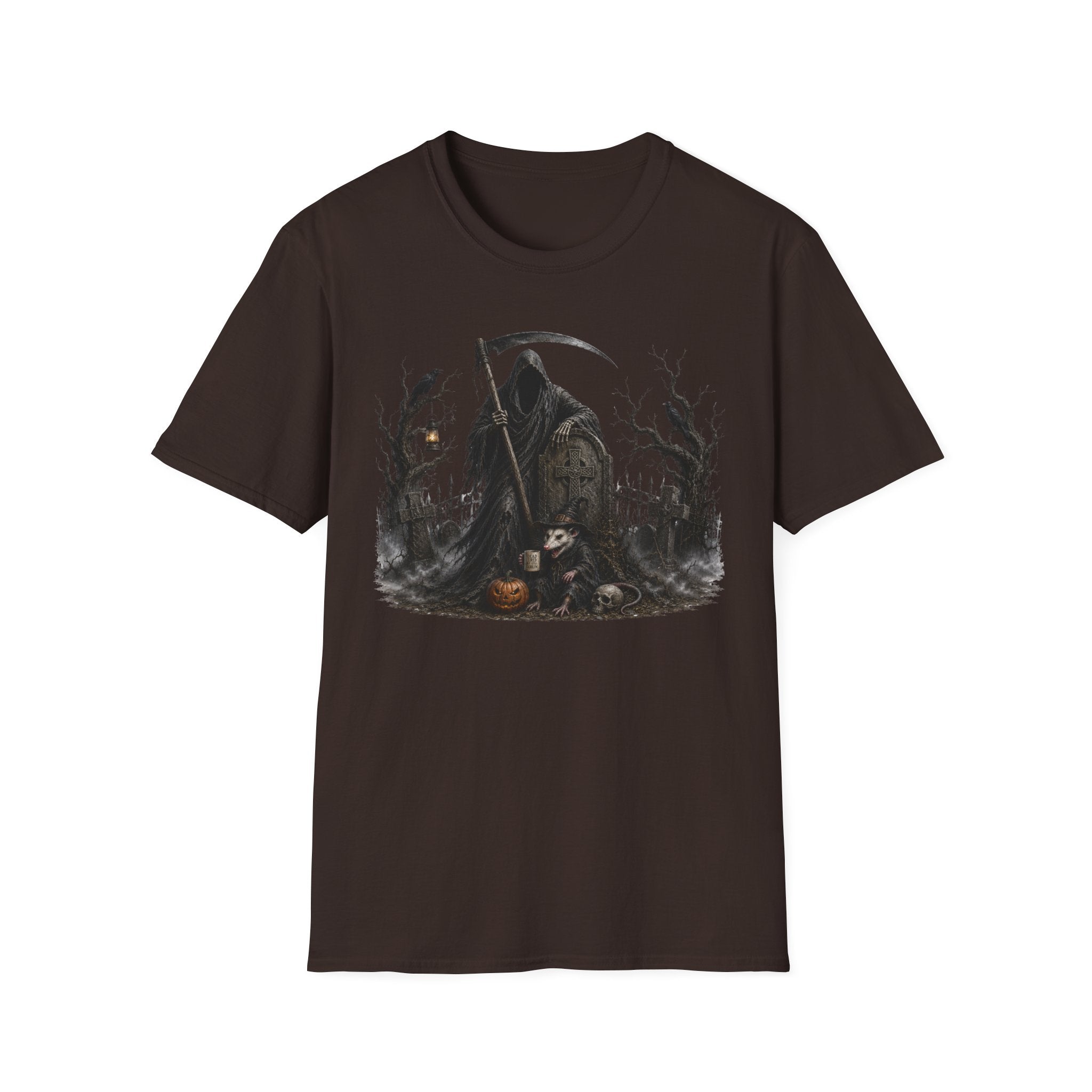 Grim Reaper Cemetery T-Shirt — Gothic Halloween Scythe Design