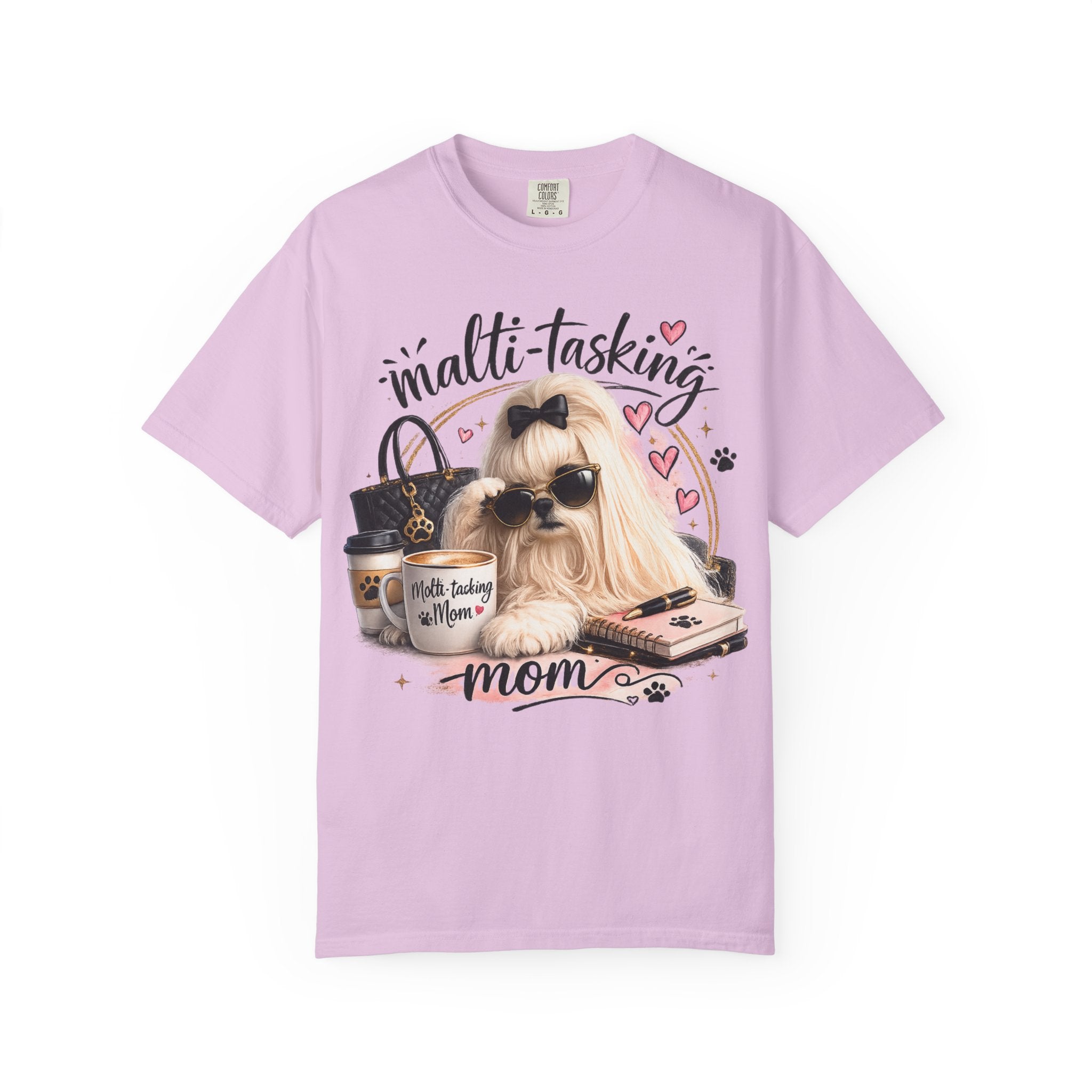 Multi-Tasking Mom T-Shirt – Cute Maltese Dog with Coffee & Handbag Graphic