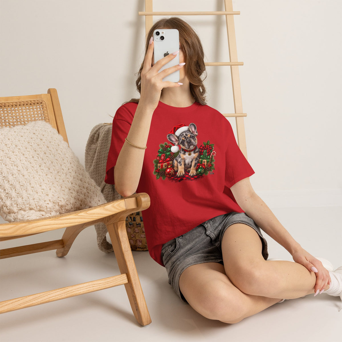 French Bulldog Christmas T-Shirt — Cute Puppy in Santa Hat Holiday Tee