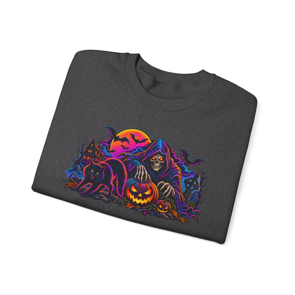 Halloween Crewneck Sweatshirt — Neon Haunted Pumpkin & Grim Reaper Design