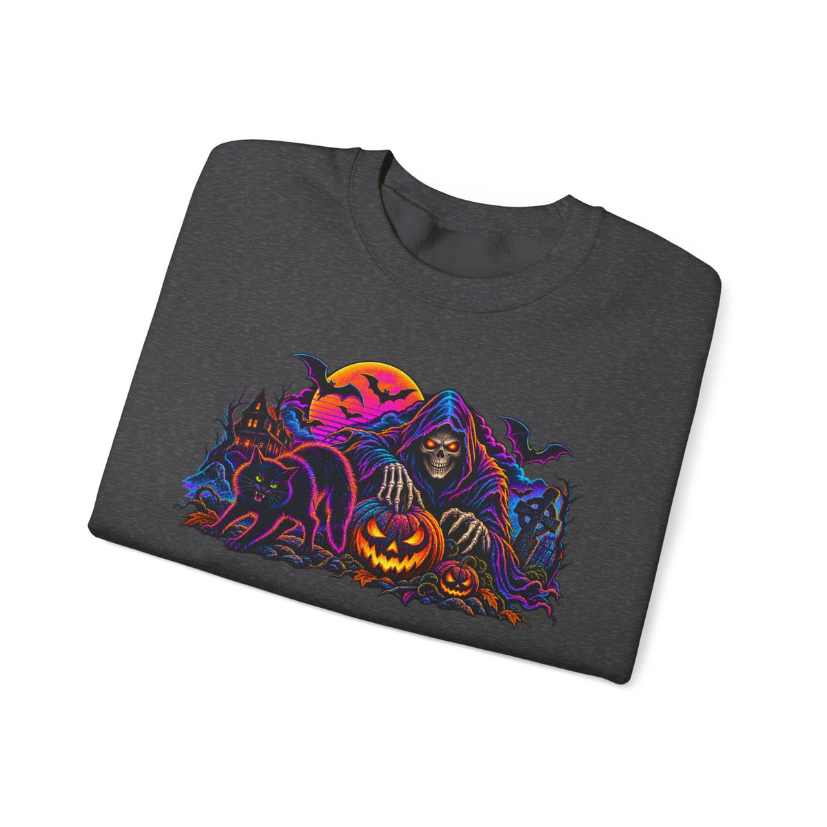 Halloween Crewneck Sweatshirt — Neon Haunted Pumpkin & Grim Reaper Design
